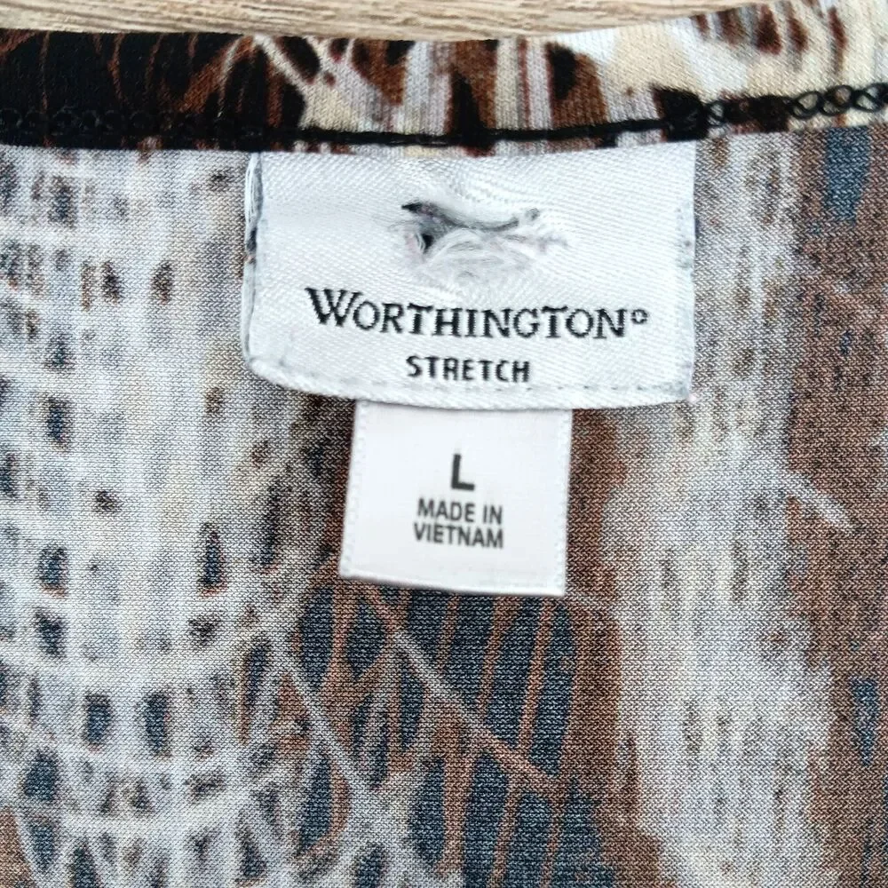 Worthington Blouse Women Large Brown Animal Print Boat Neck Short Sleeve Top - Picture 5 of 6